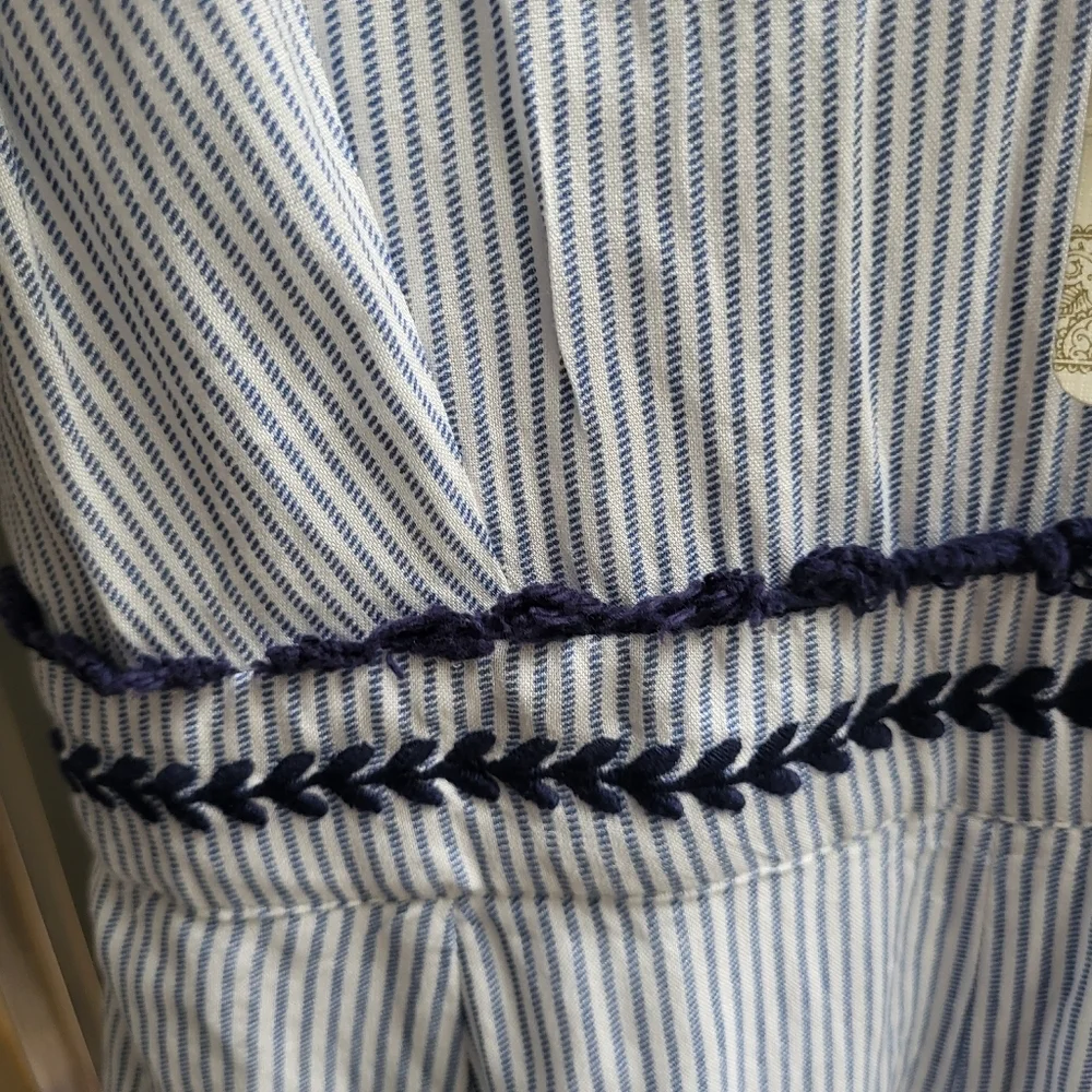 JAPNA Jumper Jumpsuit Blue/White Palazzo Wide Leg Smocked Stripe Lined Rayon - Picture 4 of 9